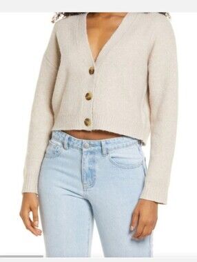 BP. Crop Cardigan Oatmeal Womens Size Medium V-neck Sweater